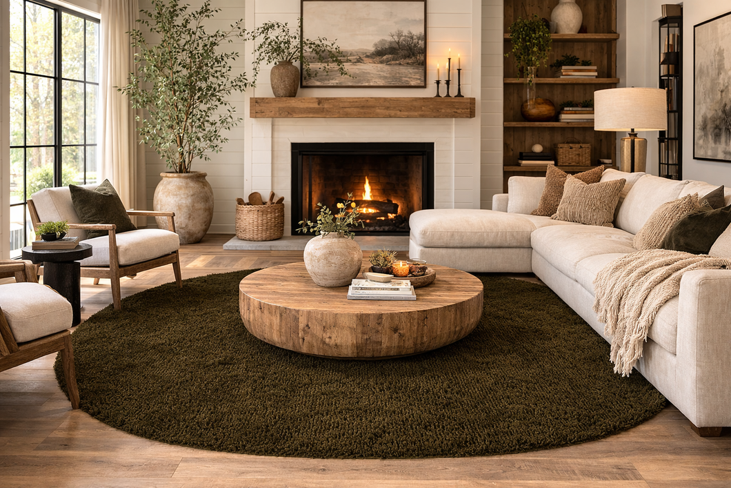 Handmade olive green oval wool rug - Minimalist custom carpet