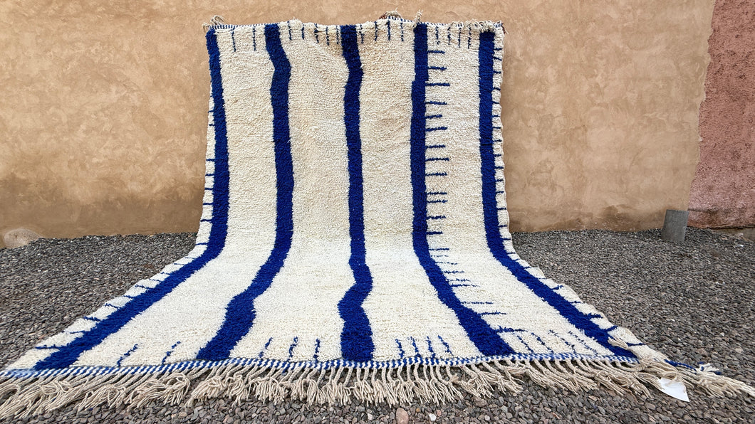 Moroccan wool rug - Custom cream with bold blue stripes