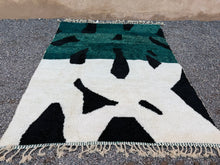 Custom abstract Moroccan rug in green, black & cream wool
