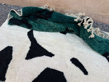 Custom abstract Moroccan rug in green, black & cream wool