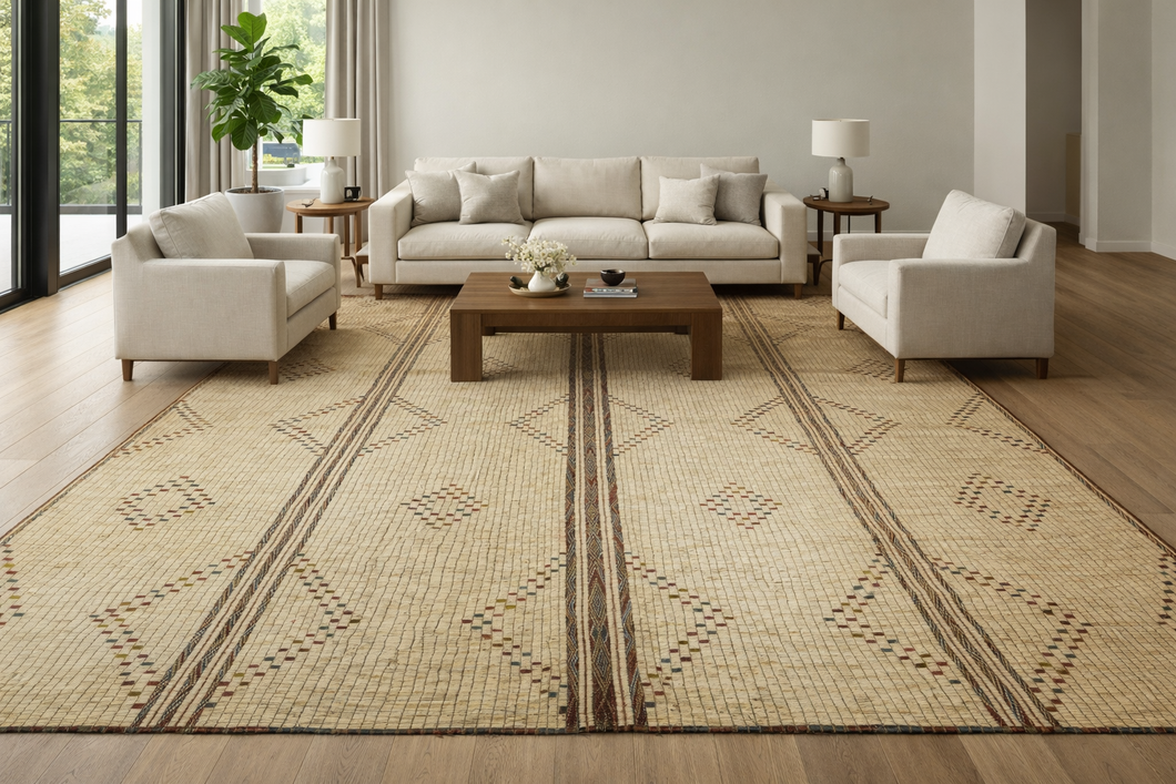 Large Vintage Tuareg Mat 11.4 x 16.9 ft – Handwoven Sahara Reed and Leather Rug