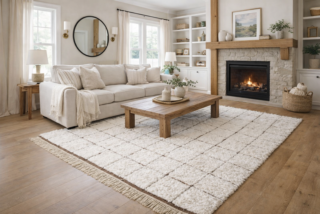 Moroccan beni ourain rug – White & brown checkered rug - Custom size