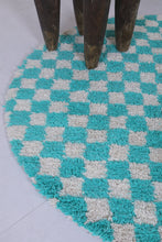 Turquoise checkered Moroccan round rug - Handmade style