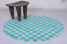 Turquoise checkered Moroccan round rug - Handmade style