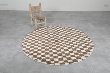 Handmade brown checkered Moroccan round rug - Custom wool carpet