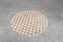 Round Moroccan rug - Handmade beige checkered wool carpet