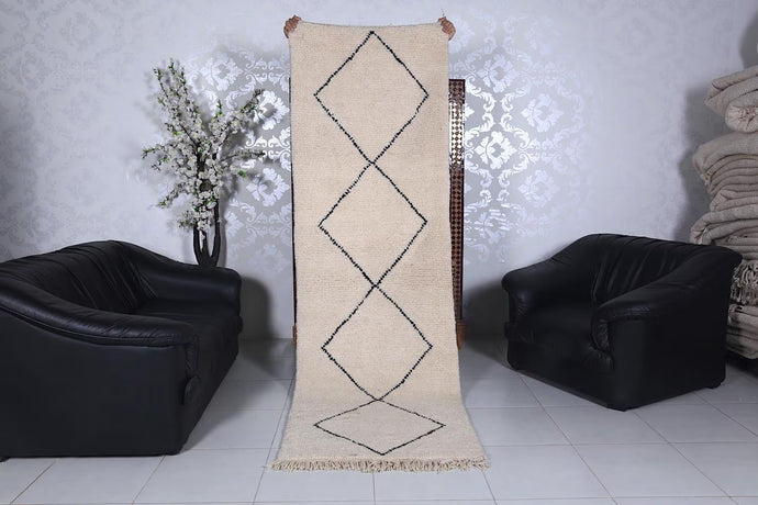 Custom beni ourain runner rug - Cream wool with black diamond pattern