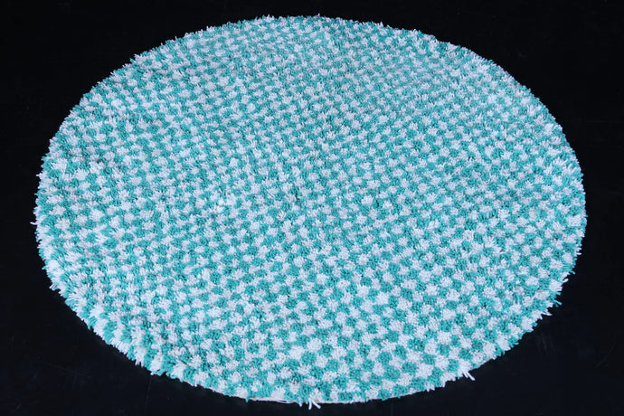 Handmade round green checkered rug - Modern Moroccan wool carpet