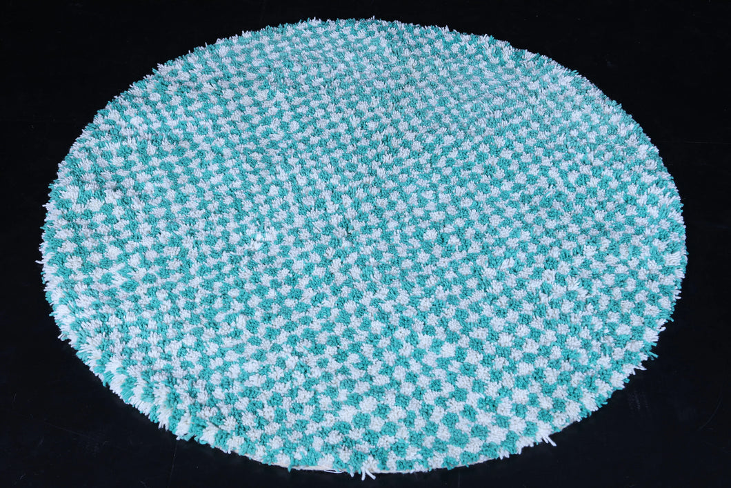 Handmade round green checkered rug - Modern Moroccan wool carpet