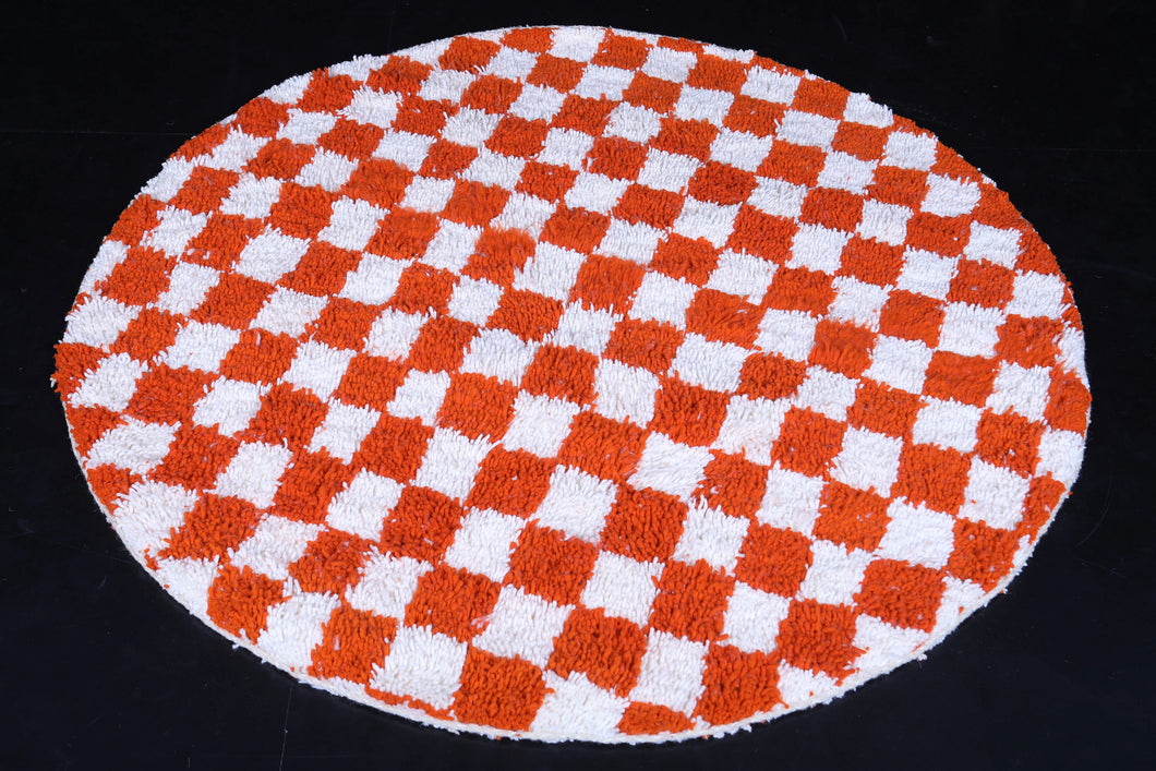 Checkered round Moroccan rug - Vibrant orange handmade carpet