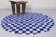 Handmade blue checkered round Moroccan rug - Custom wool carpet