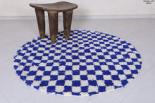 Handmade blue checkered round Moroccan rug - Custom wool carpet