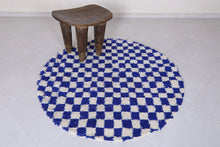 Handmade blue checkered round Moroccan rug - Custom wool carpet