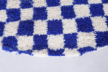 Handmade blue checkered round Moroccan rug - Custom wool carpet
