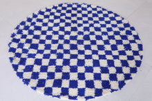 Handmade blue checkered round Moroccan rug - Custom wool carpet
