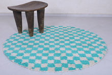 Turquoise checkered Moroccan round rug - Handmade style