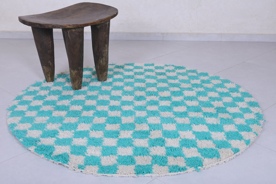 Turquoise checkered Moroccan round rug - Handmade style