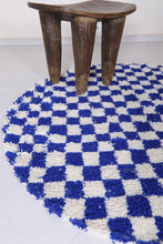 Handmade blue checkered round Moroccan rug - Custom wool carpet