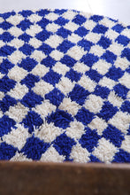 Handmade blue checkered round Moroccan rug - Custom wool carpet