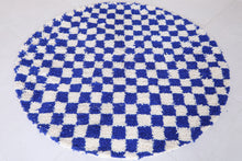 Handmade blue checkered round Moroccan rug - Custom wool carpet