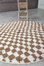 Handmade brown checkered Moroccan round rug - Custom wool carpet