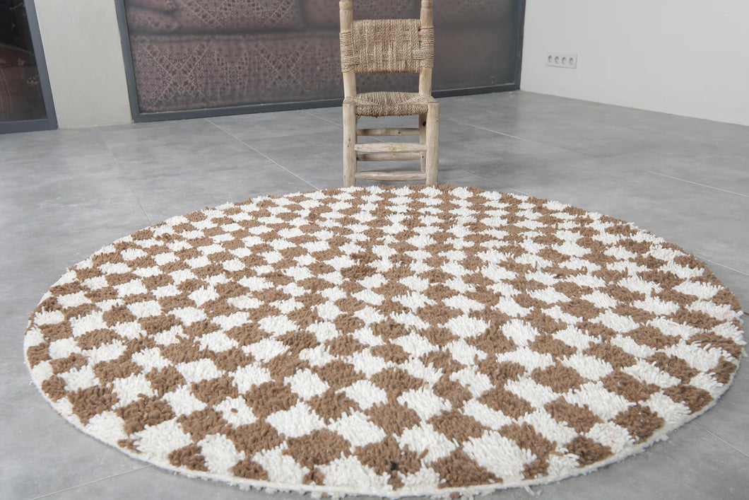 Handmade brown checkered Moroccan round rug - Custom wool carpet