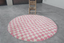 Pink & white checkered round Moroccan rug - Handmade custom sizes