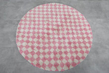 Pink & white checkered round Moroccan rug - Handmade custom sizes