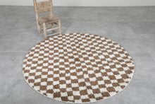 Handmade brown checkered Moroccan round rug - Custom wool carpet