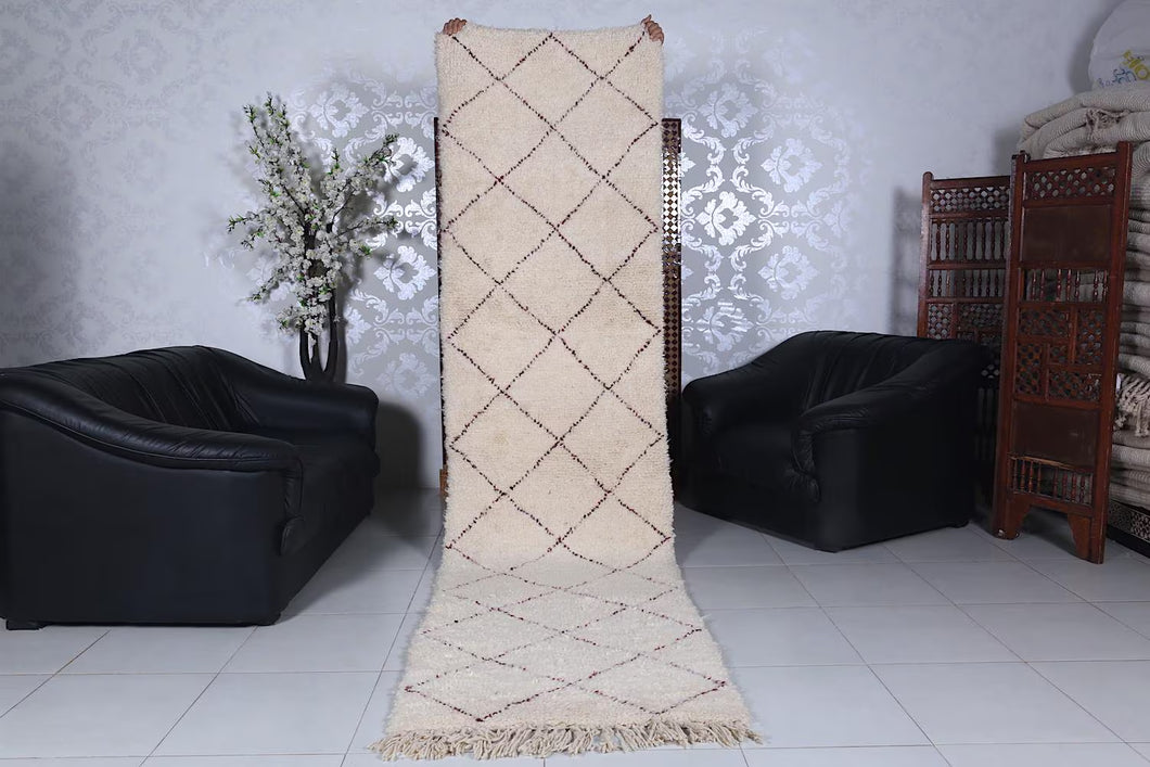 Custom beni ourain runner rug - Cream wool with burgundy diamond