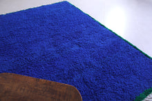 Handmade solid blue rug - Custom Moroccan green bordered rug